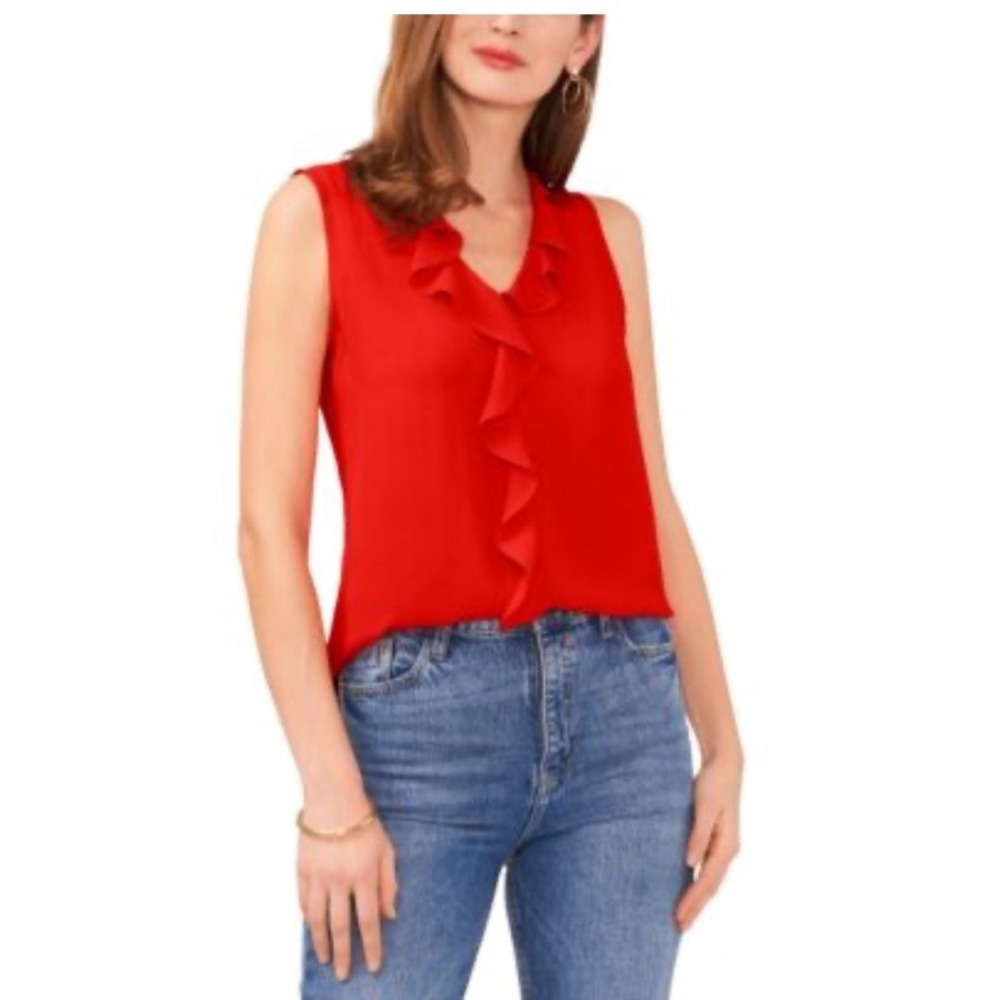 Vince Camuto Red Sleeveless Ruffled V-Neck Blouse Top XL